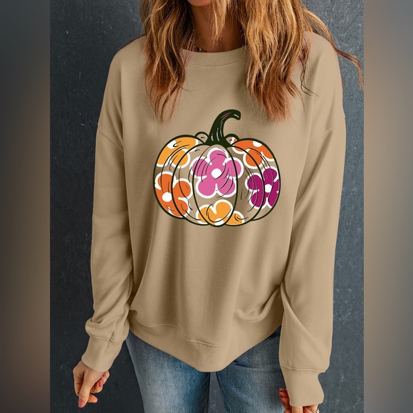 Sweaters - Pumpkin & Flower Graphic Long Sleeve Sweatshirt